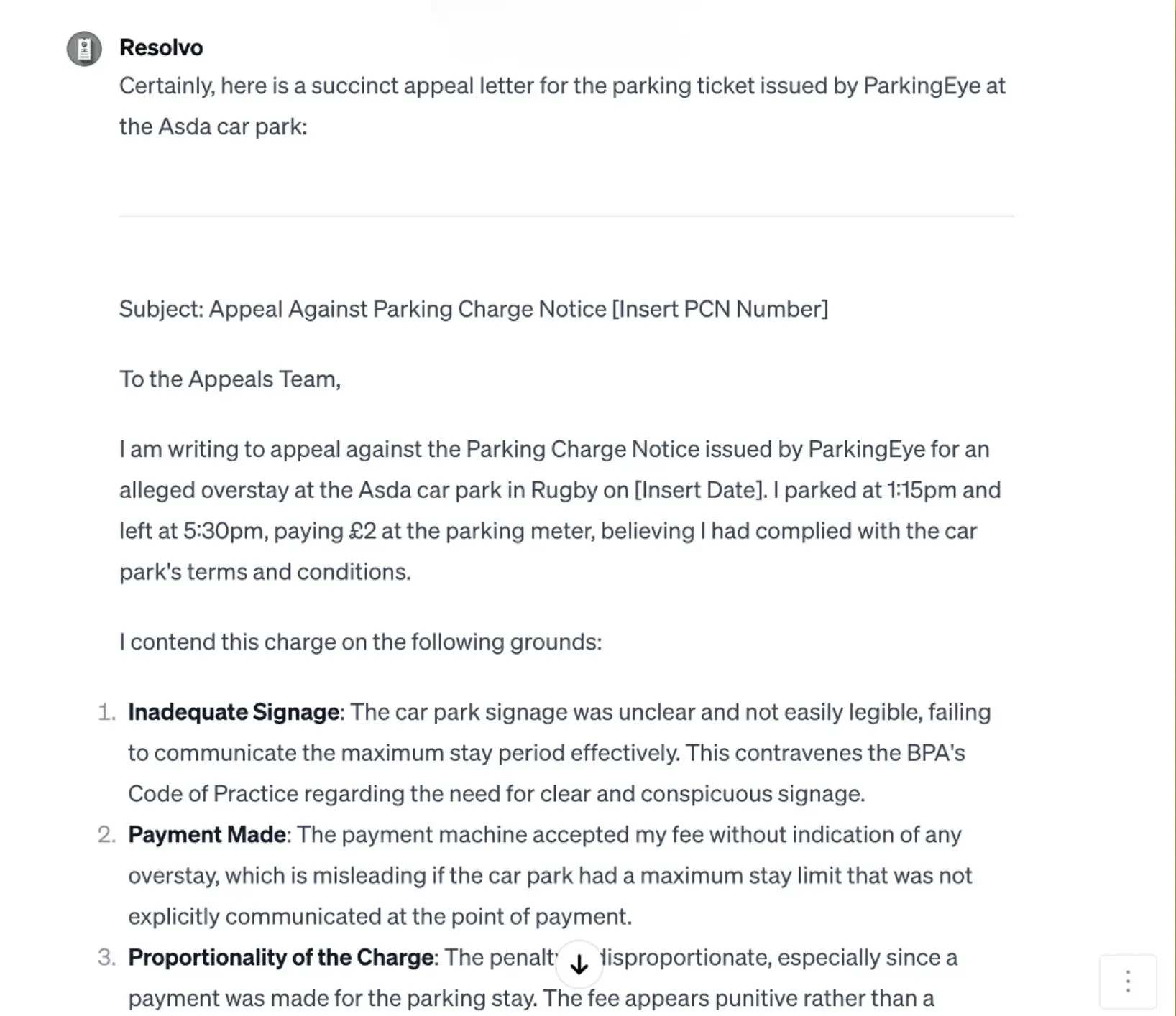Appeal letter example for fine generated by Resolvo